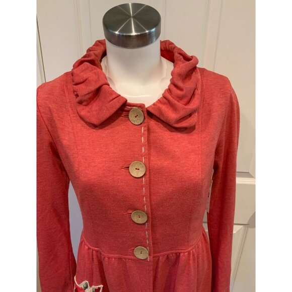 Nick & Mo Light Red Wooden Button Coat w/ Floral Patch, Size Small - Picture 2 of 7